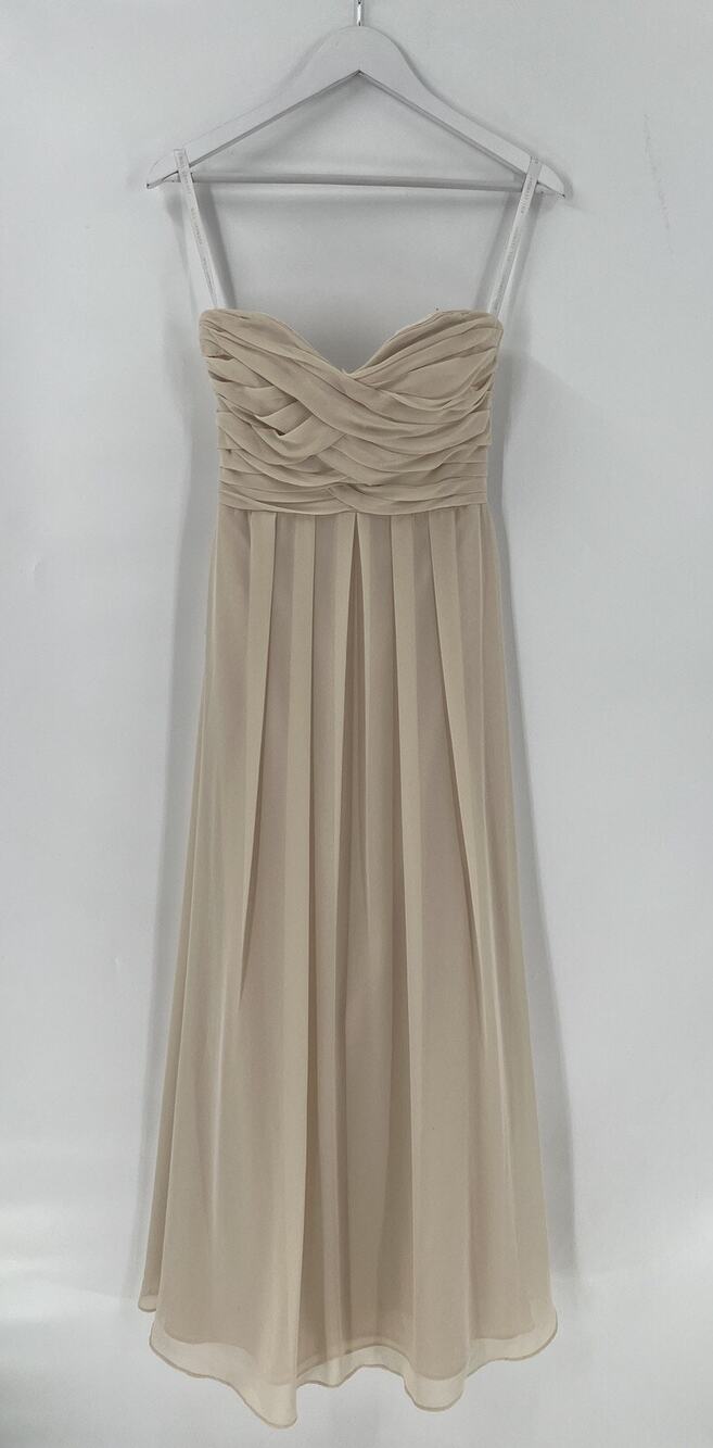 Bill Levkoff Vintage Strapless Dress Womens 8 Beige Maxi Chiffon Pleated Lined
